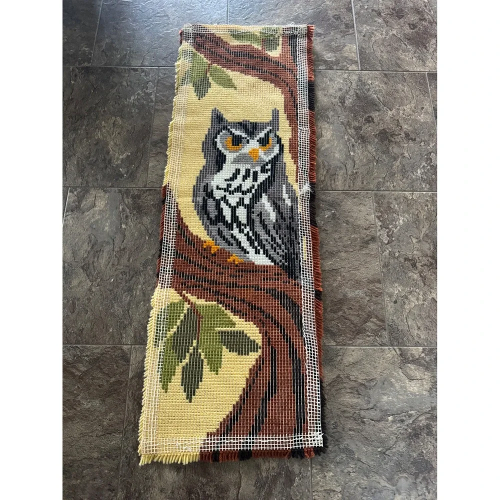 Vintage MCM 70s Owl Latch Hook Rug Wall Hanging 15x46 Handmade Retro Cabin Decor